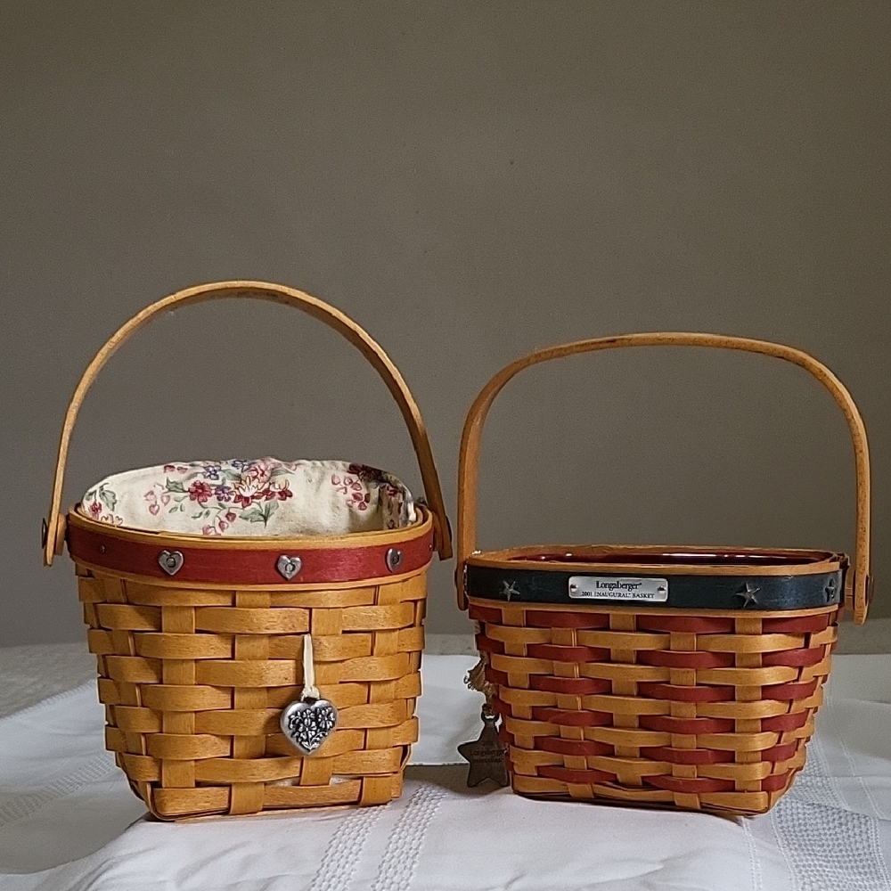 Longaberger Woven Baskets 2001 Inaugural Basket & 2002 Love Notes Basket &Liners